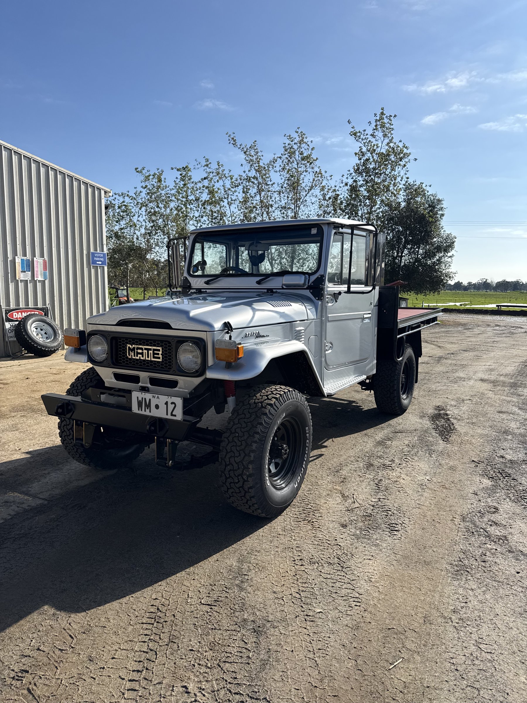 Standing tall — pearl silver ute at the property